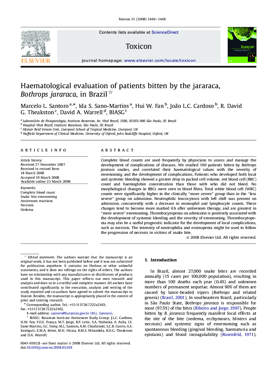 Haematological evaluation of patients bitten by the jararaca, Bothrops jararaca, in Brazil 