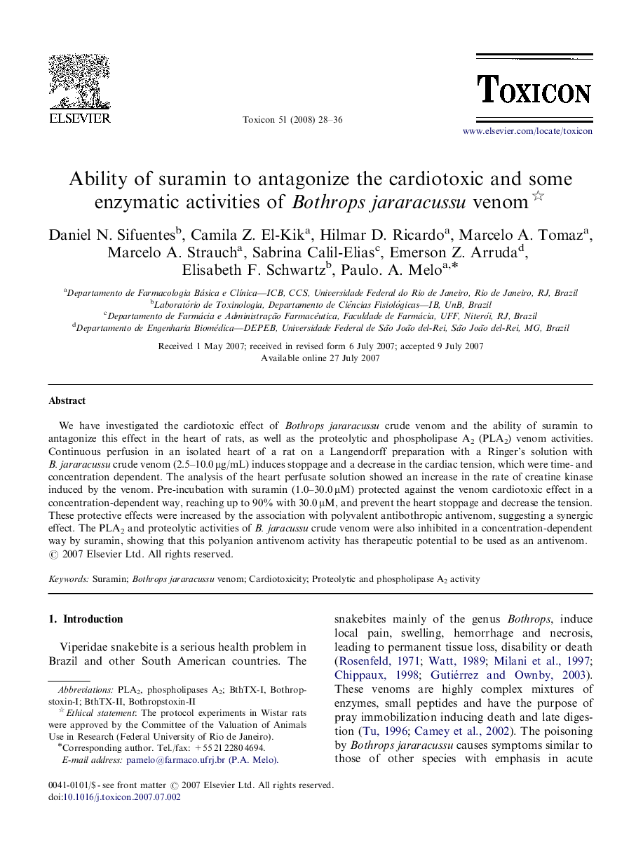 Ability of suramin to antagonize the cardiotoxic and some enzymatic activities of Bothrops jararacussu venom 