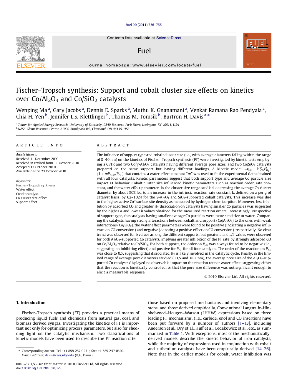 Fischer–Tropsch synthesis: Support and cobalt cluster size effects on kinetics over Co/Al2O3 and Co/SiO2 catalysts