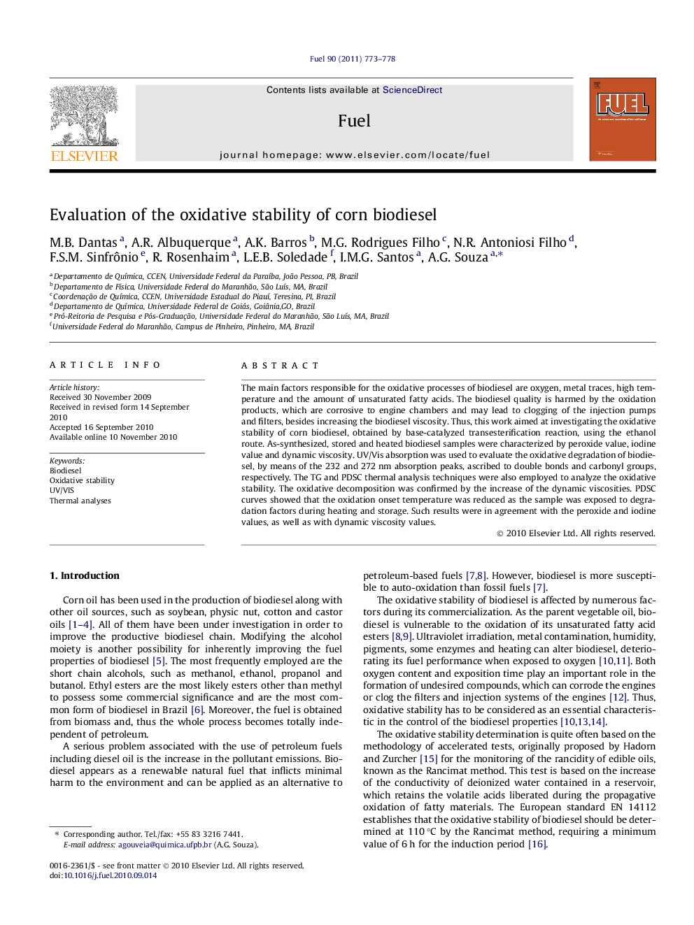 Evaluation of the oxidative stability of corn biodiesel