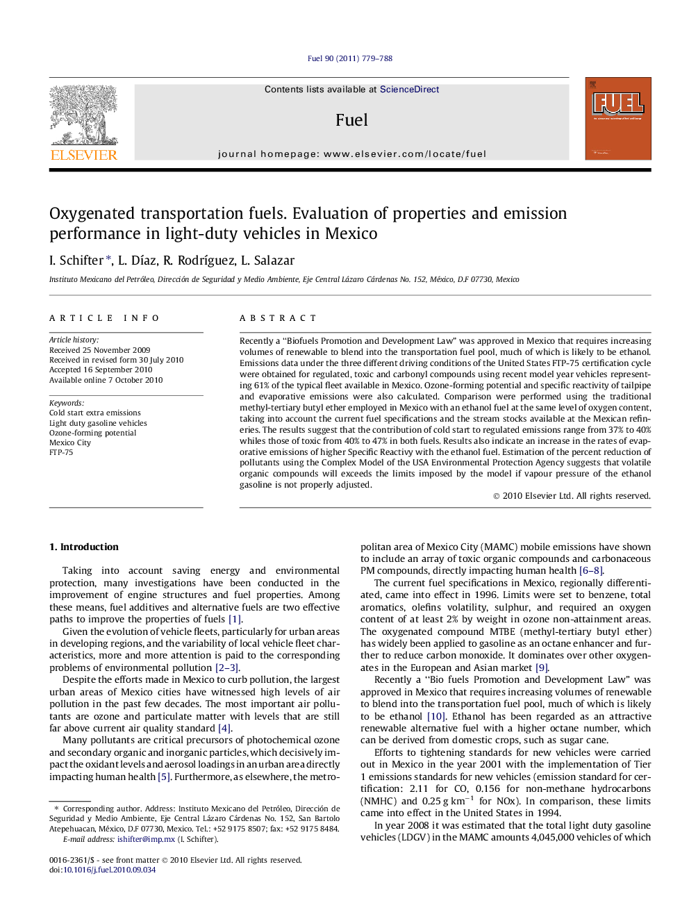 Oxygenated transportation fuels. Evaluation of properties and emission performance in light-duty vehicles in Mexico