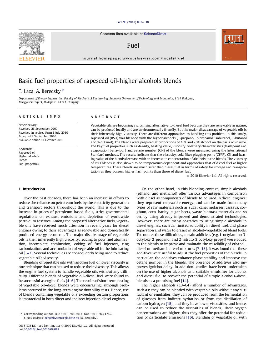 Basic fuel properties of rapeseed oil-higher alcohols blends