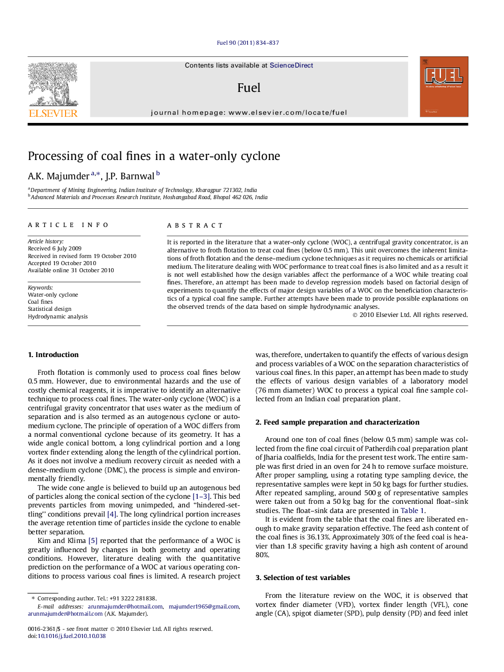 Processing of coal fines in a water-only cyclone