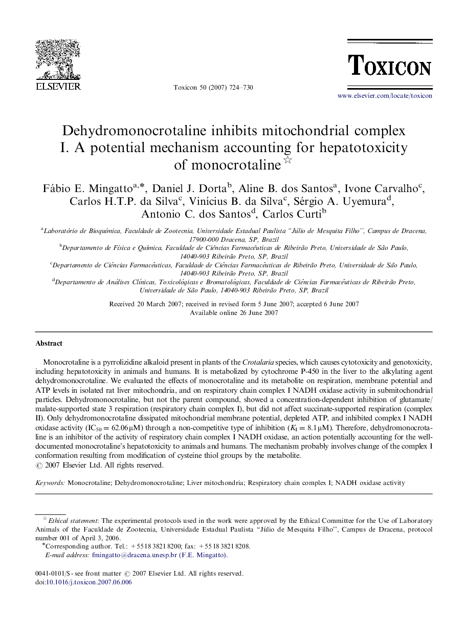 Dehydromonocrotaline inhibits mitochondrial complex I. A potential mechanism accounting for hepatotoxicity of monocrotaline 