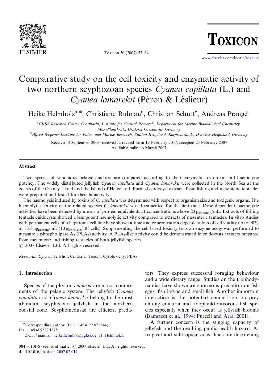 Comparative study on the cell toxicity and enzymatic activity of two northern scyphozoan species Cyanea capillata (L.) and Cyanea lamarckii (Péron & Léslieur)