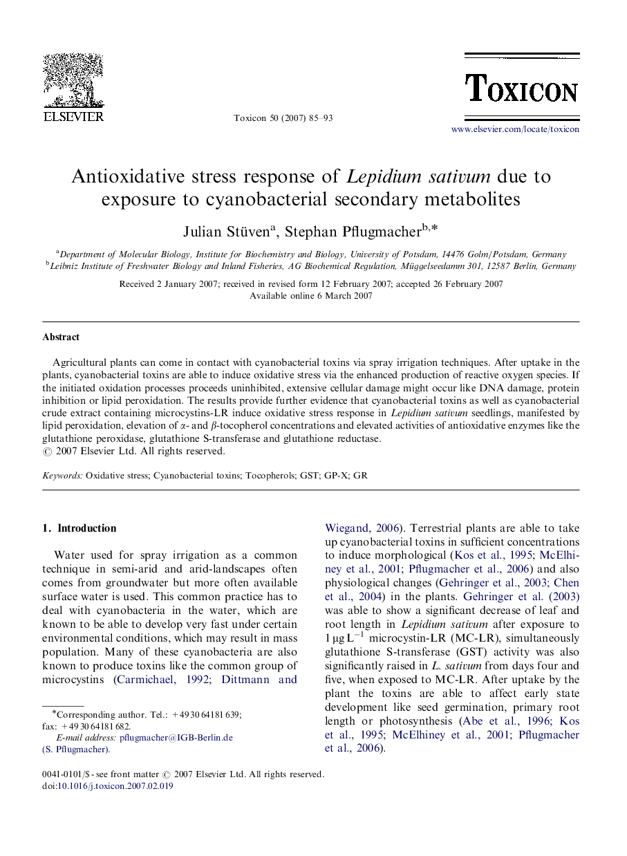 Antioxidative stress response of Lepidium sativum due to exposure to cyanobacterial secondary metabolites