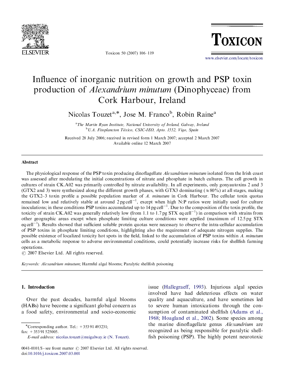 Influence of inorganic nutrition on growth and PSP toxin production of Alexandrium minutum (Dinophyceae) from Cork Harbour, Ireland