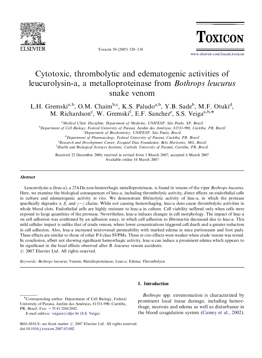 Cytotoxic, thrombolytic and edematogenic activities of leucurolysin-a, a metalloproteinase from Bothrops leucurus snake venom