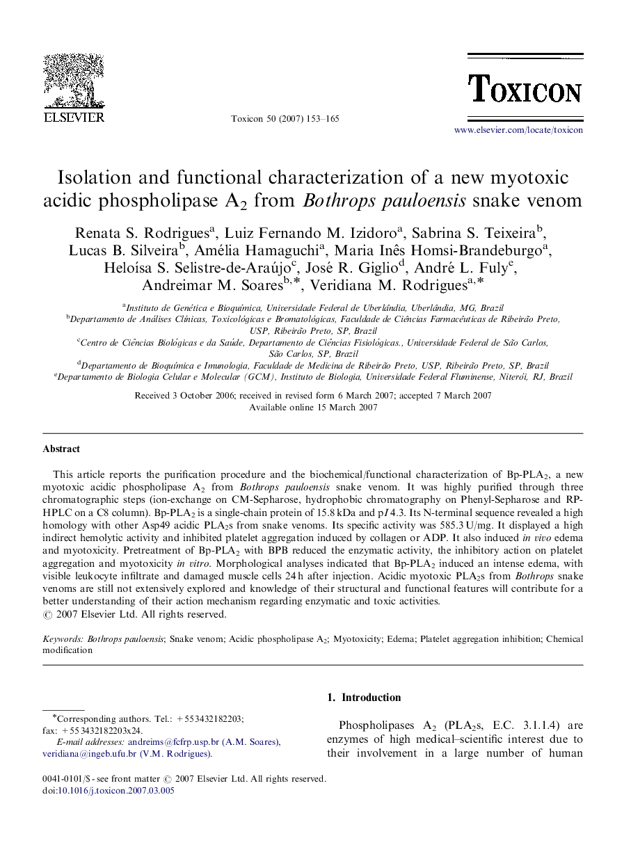 Isolation and functional characterization of a new myotoxic acidic phospholipase A2 from Bothrops pauloensis snake venom