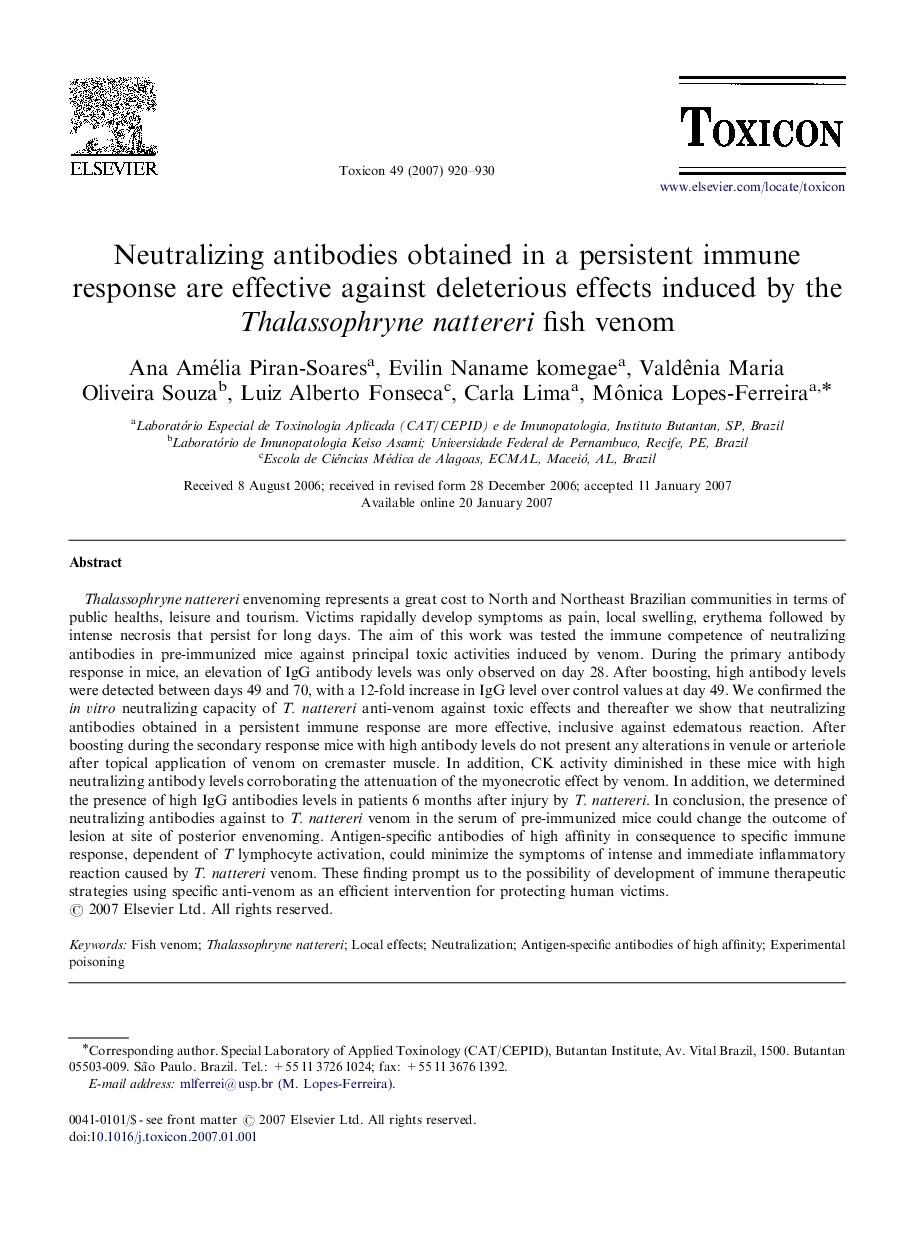 Neutralizing antibodies obtained in a persistent immune response are effective against deleterious effects induced by the Thalassophryne nattereri fish venom