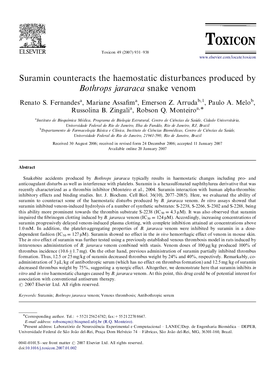 Suramin counteracts the haemostatic disturbances produced by Bothrops jararaca snake venom