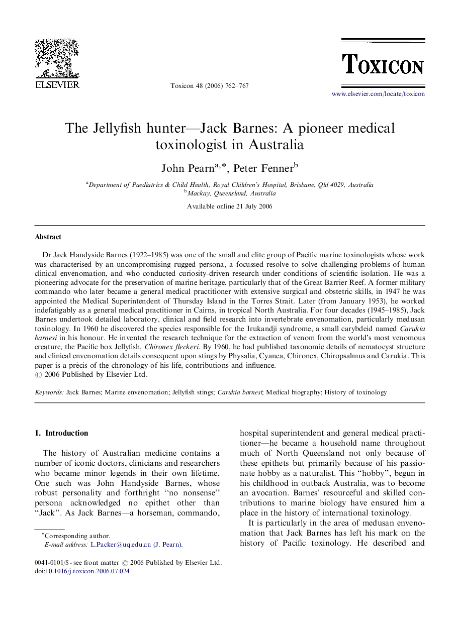 The Jellyfish hunter—Jack Barnes: A pioneer medical toxinologist in Australia