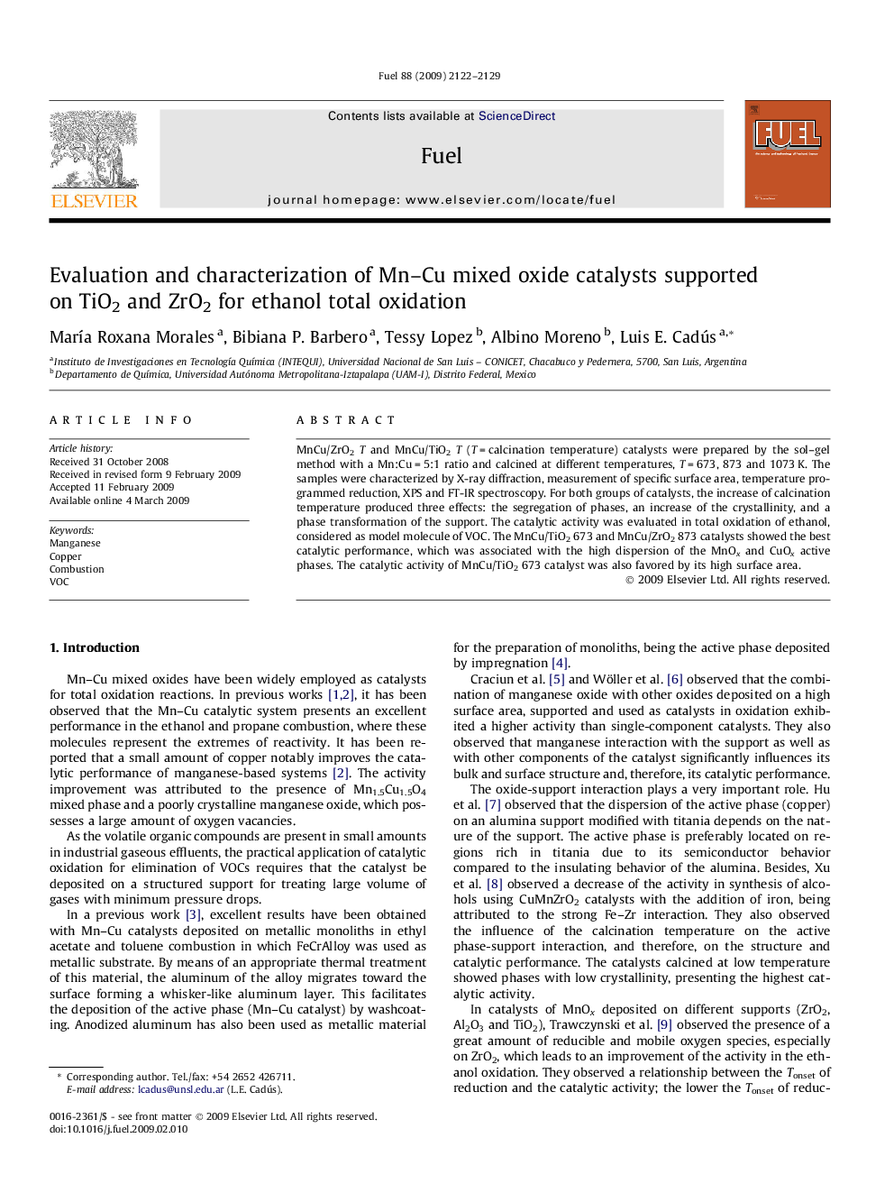 Evaluation and characterization of Mn–Cu mixed oxide catalysts supported on TiO2 and ZrO2 for ethanol total oxidation