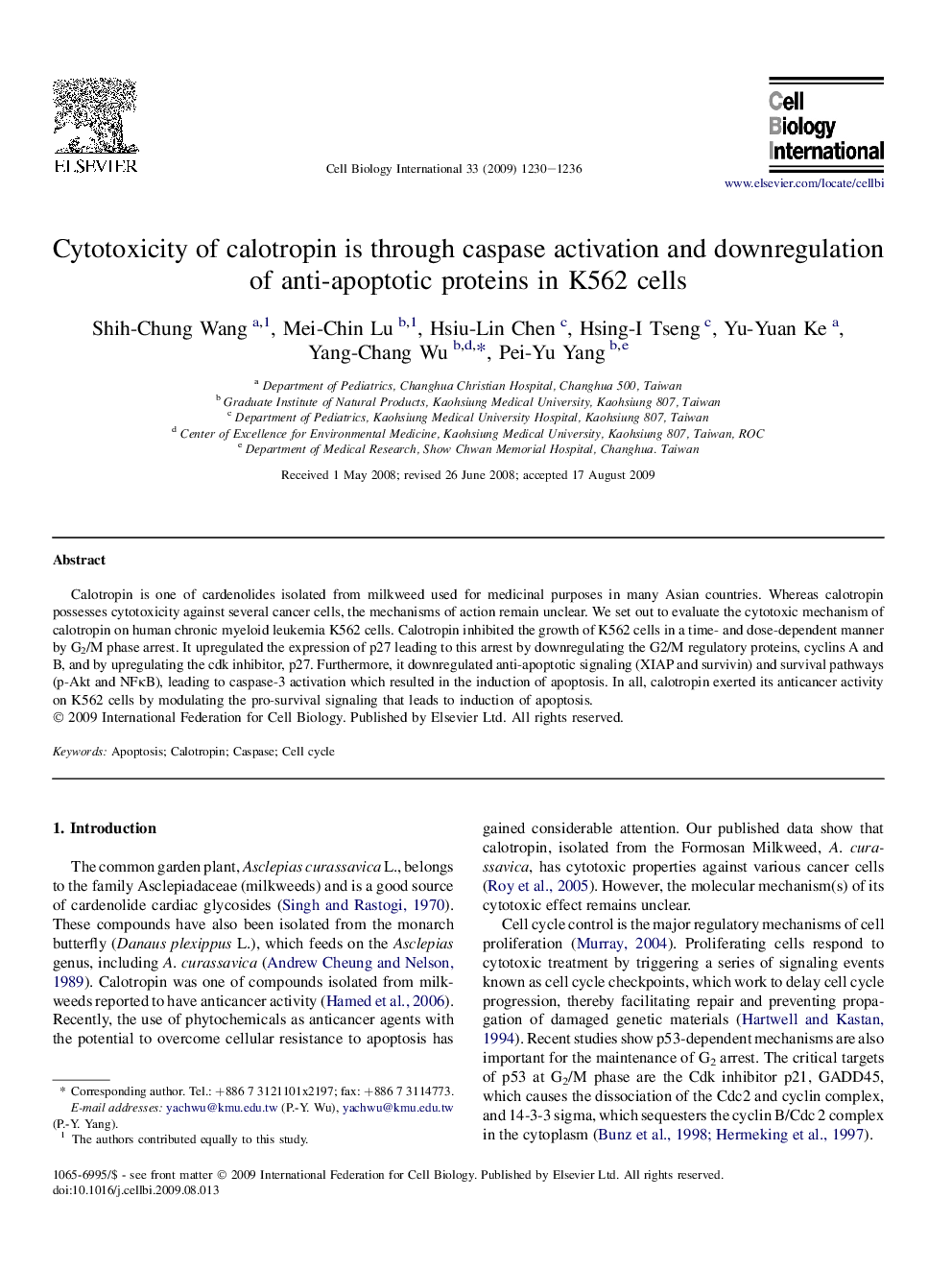 Cytotoxicity of calotropin is through caspase activation and downregulation of anti-apoptotic proteins in K562 cells