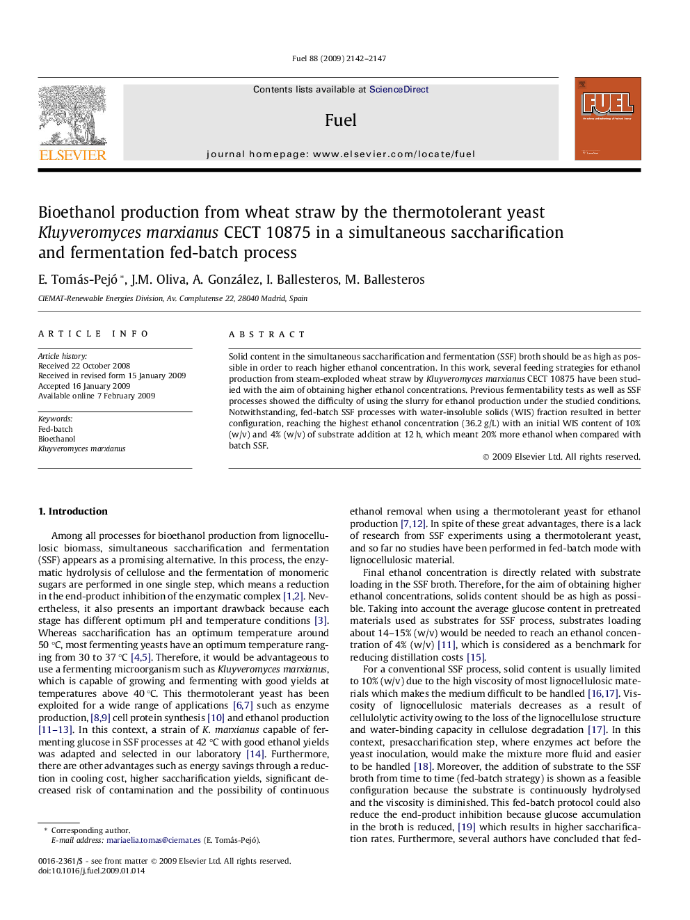 Bioethanol production from wheat straw by the thermotolerant yeast Kluyveromyces marxianus CECT 10875 in a simultaneous saccharification and fermentation fed-batch process