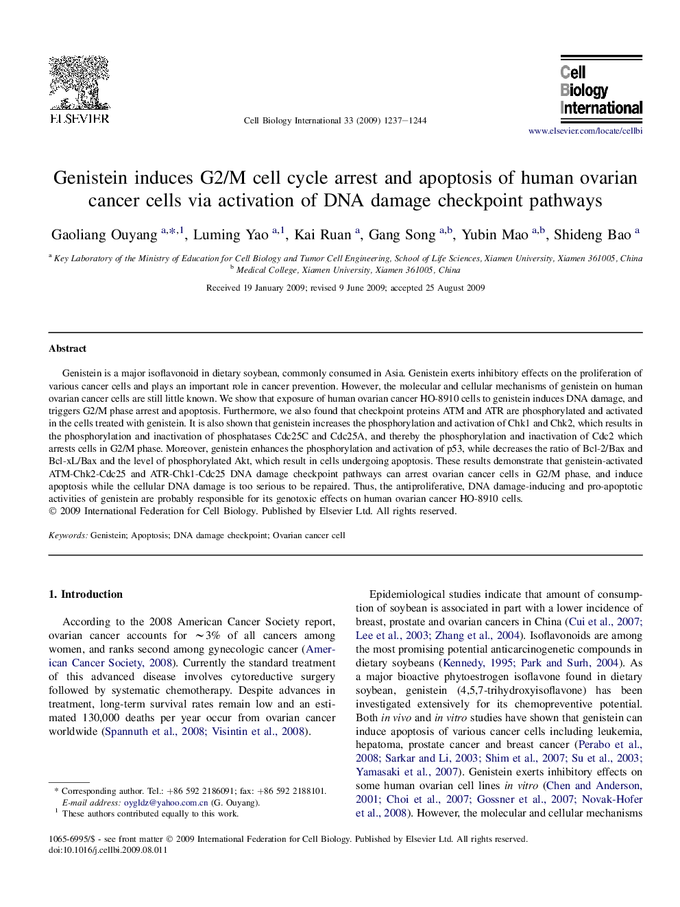 Genistein induces G2/M cell cycle arrest and apoptosis of human ovarian cancer cells via activation of DNA damage checkpoint pathways