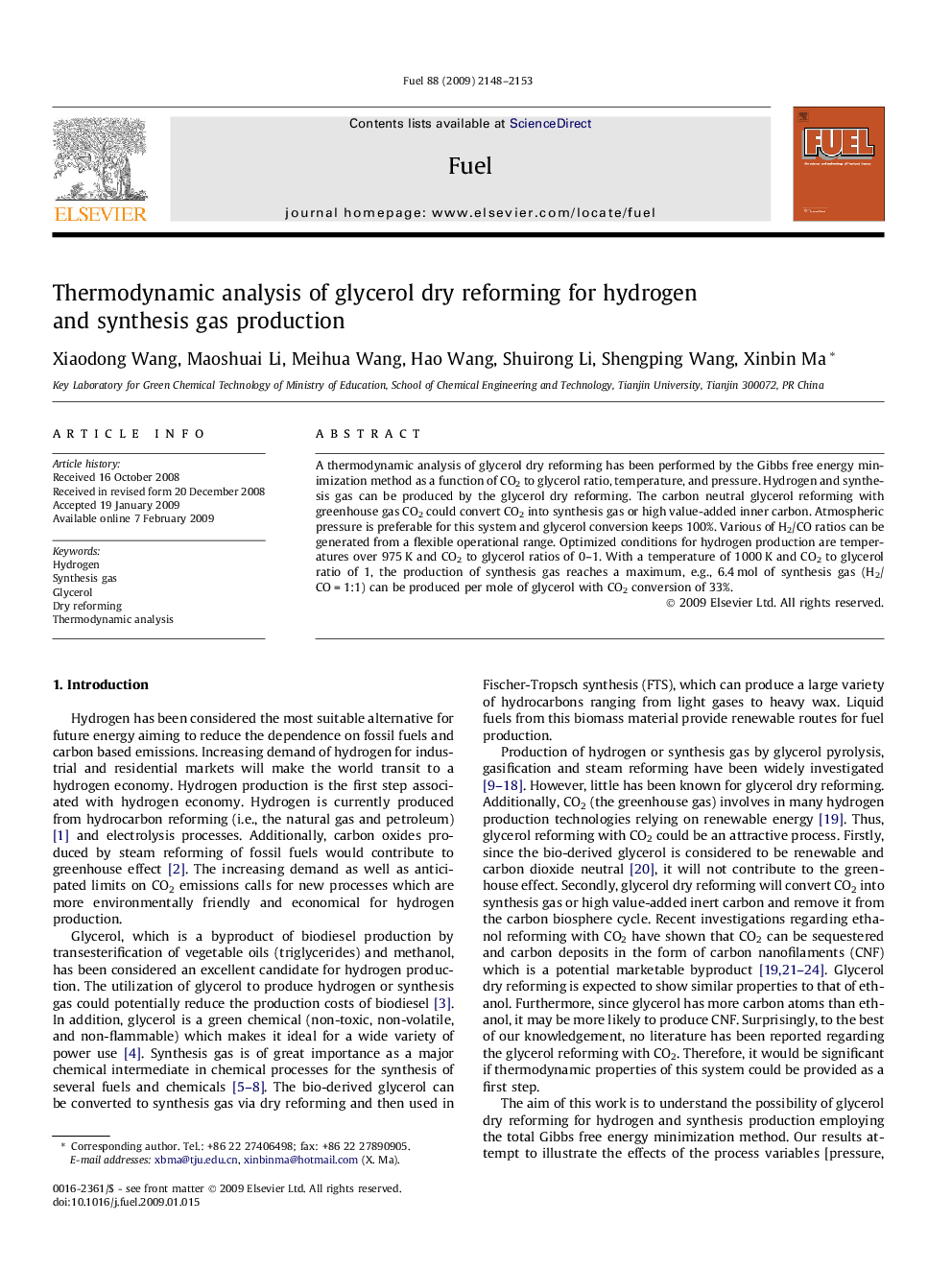 Thermodynamic analysis of glycerol dry reforming for hydrogen and synthesis gas production