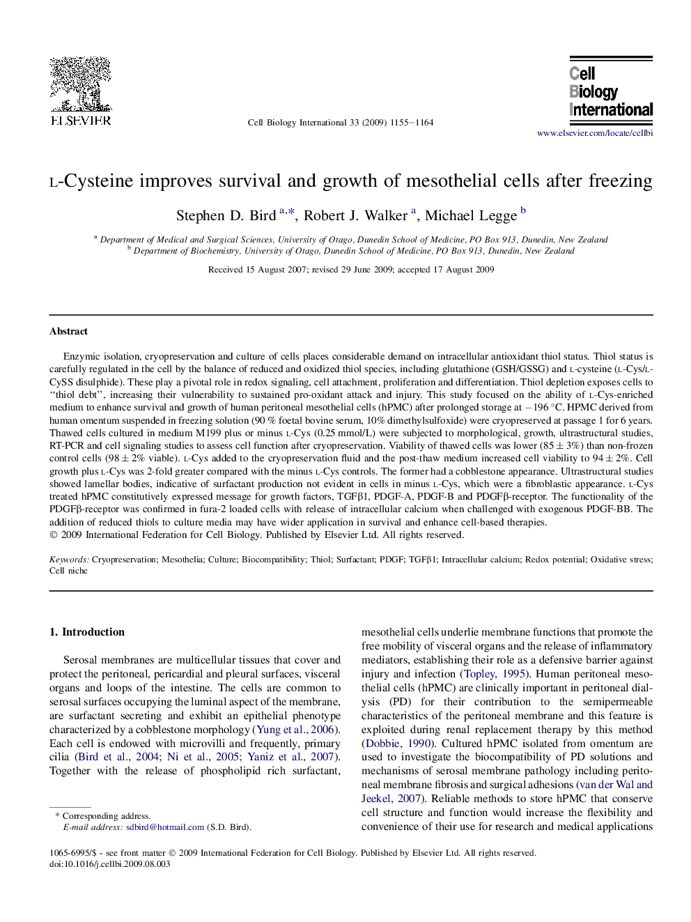 l-Cysteine improves survival and growth of mesothelial cells after freezing