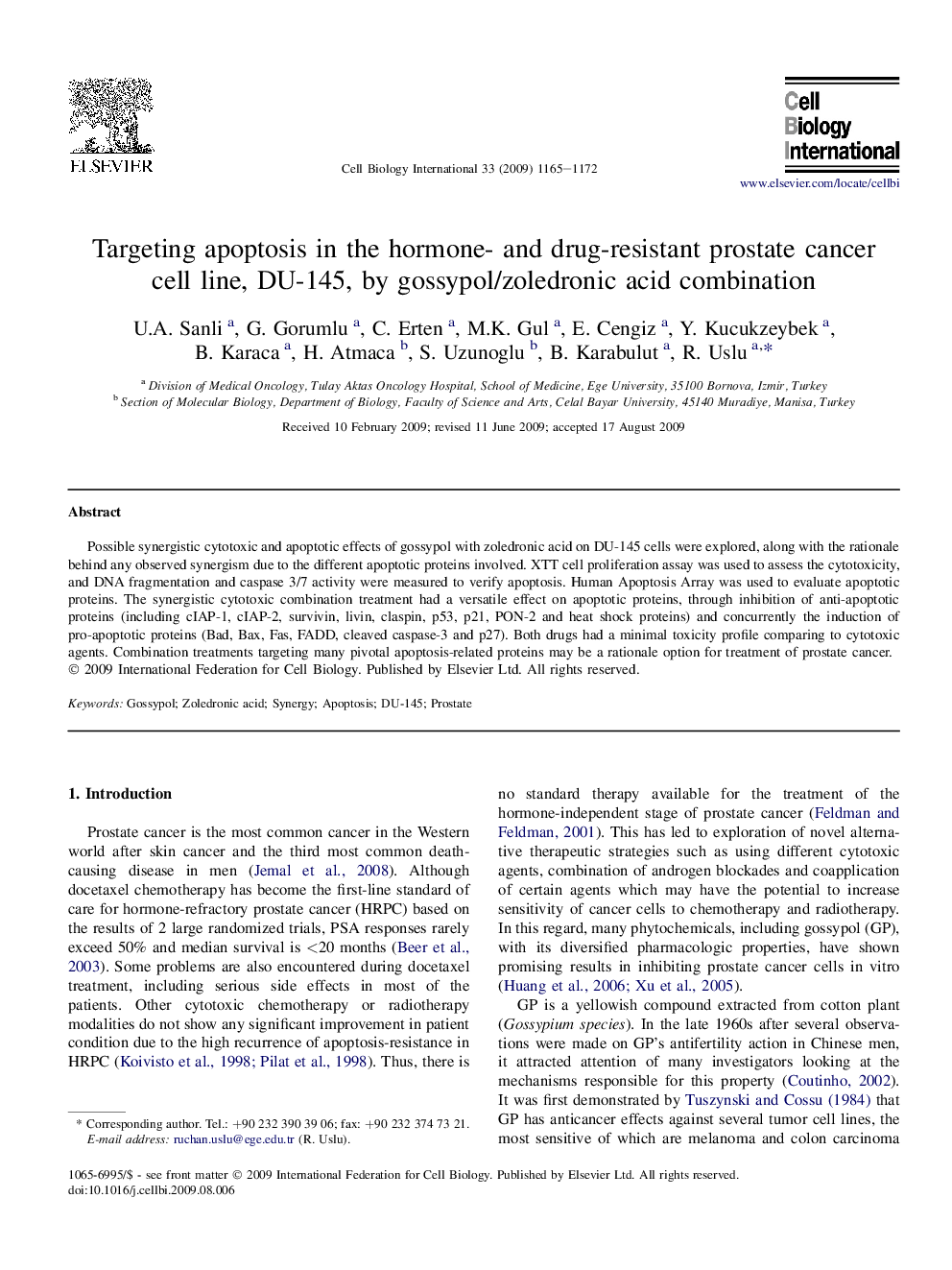 Targeting apoptosis in the hormone- and drug-resistant prostate cancer cell line, DU-145, by gossypol/zoledronic acid combination