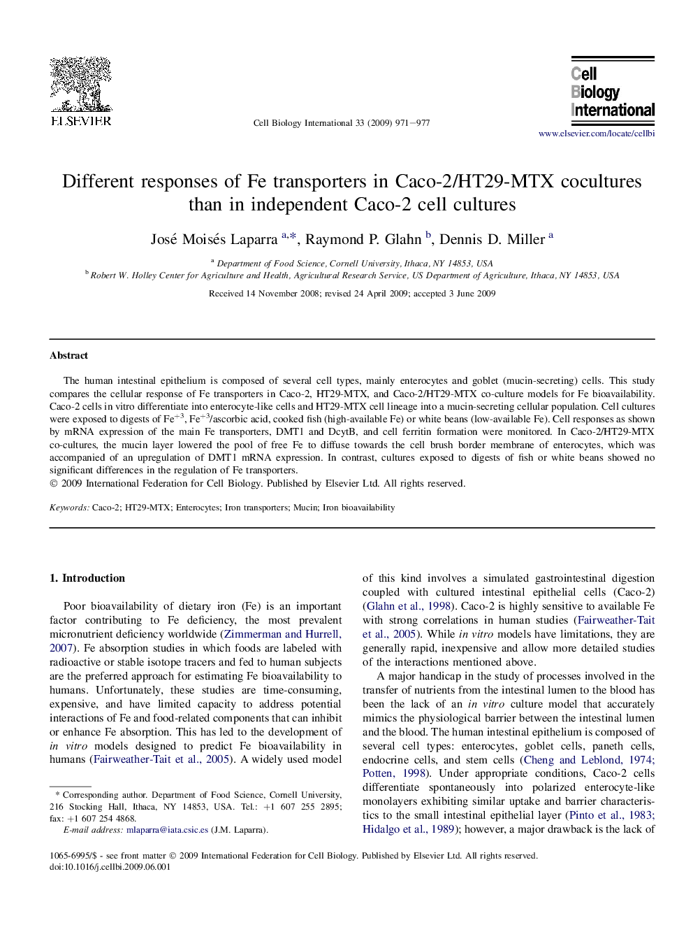 Different responses of Fe transporters in Caco-2/HT29-MTX cocultures than in independent Caco-2 cell cultures