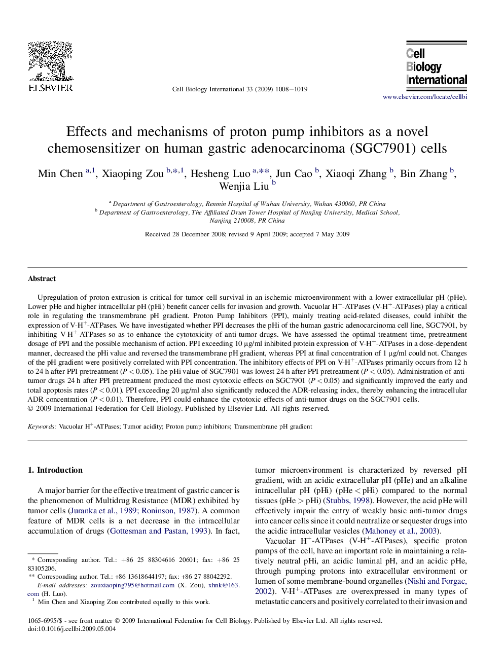 Effects and mechanisms of proton pump inhibitors as a novel chemosensitizer on human gastric adenocarcinoma (SGC7901) cells