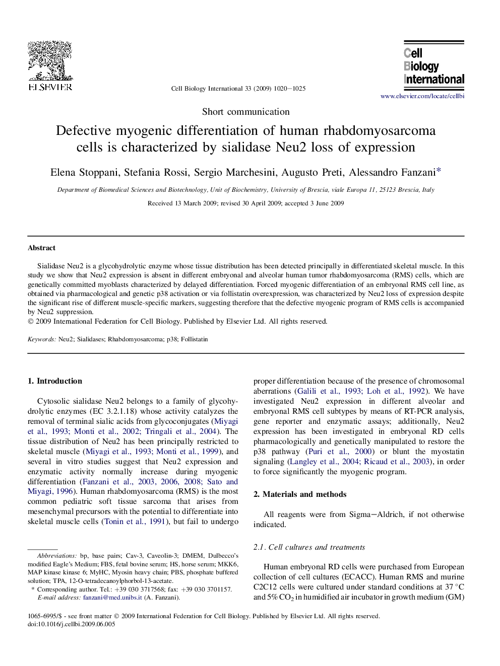 Defective myogenic differentiation of human rhabdomyosarcoma cells is characterized by sialidase Neu2 loss of expression