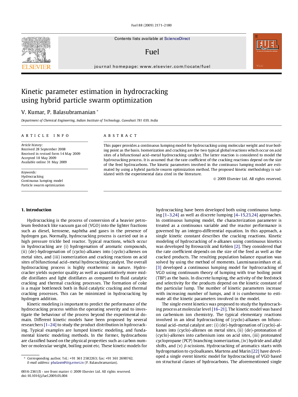 Kinetic parameter estimation in hydrocracking using hybrid particle swarm optimization