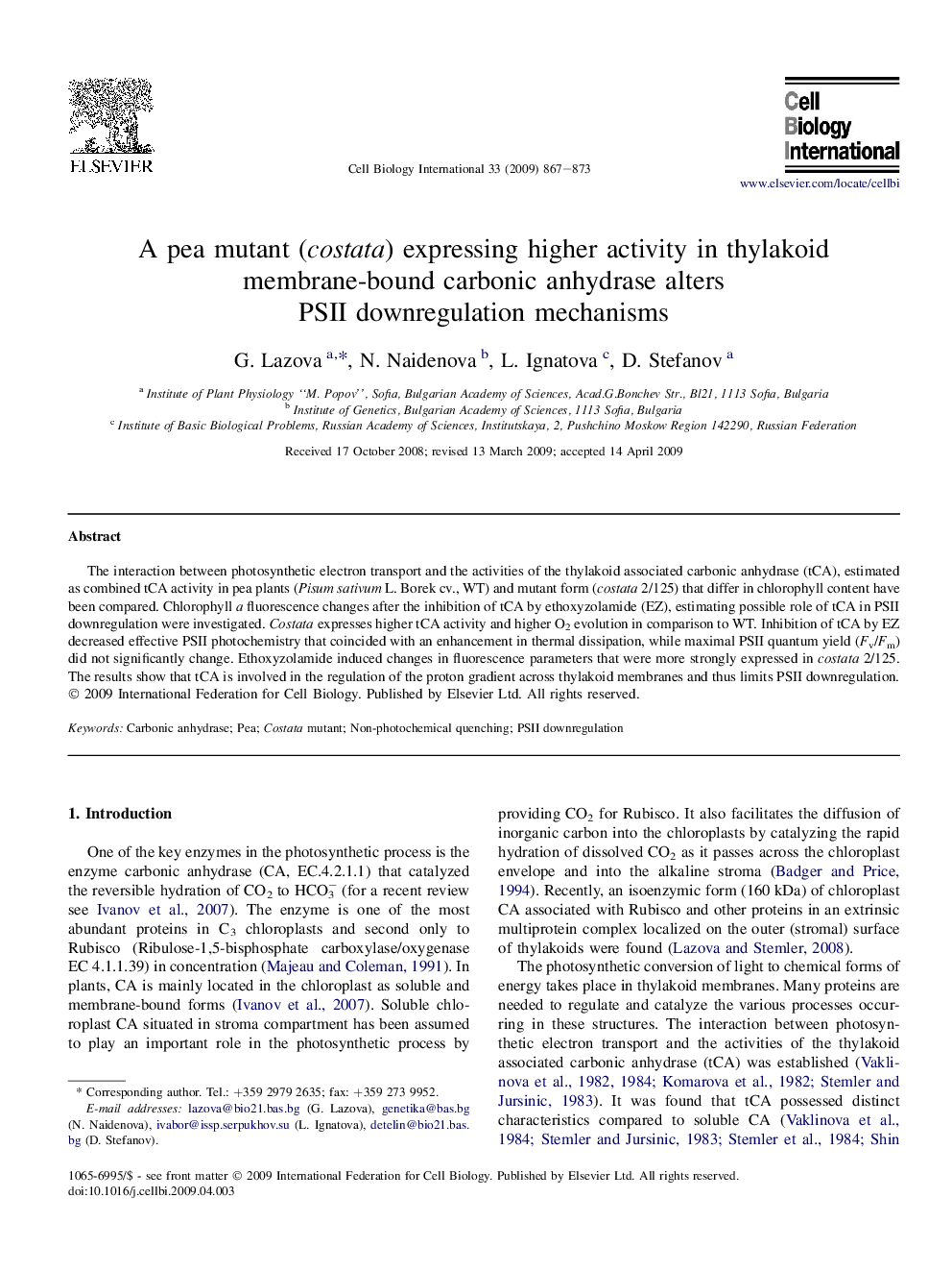 A pea mutant (costata) expressing higher activity in thylakoid membrane-bound carbonic anhydrase altersPSII downregulation mechanisms