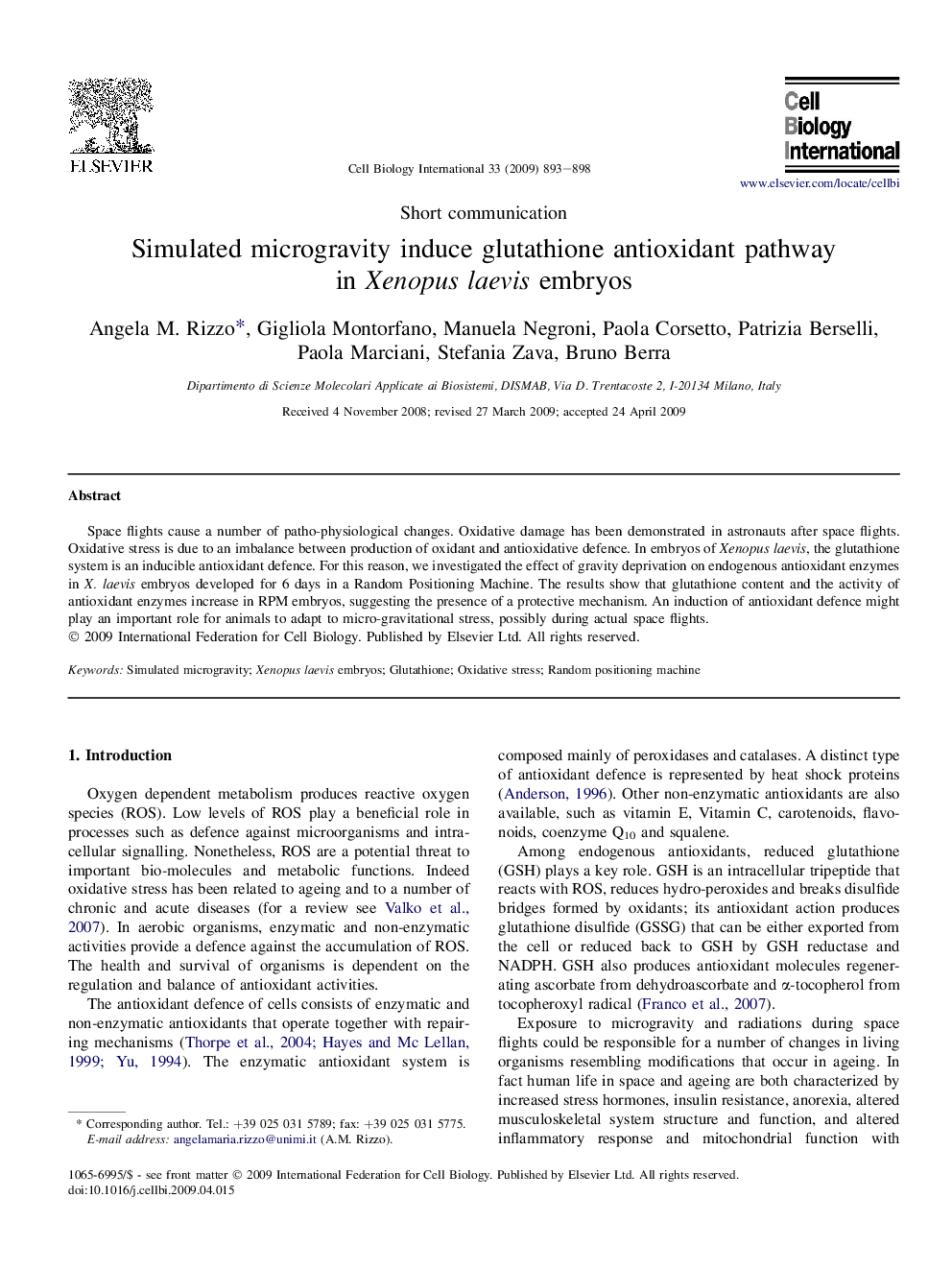 Simulated microgravity induce glutathione antioxidant pathwayin Xenopus laevis embryos