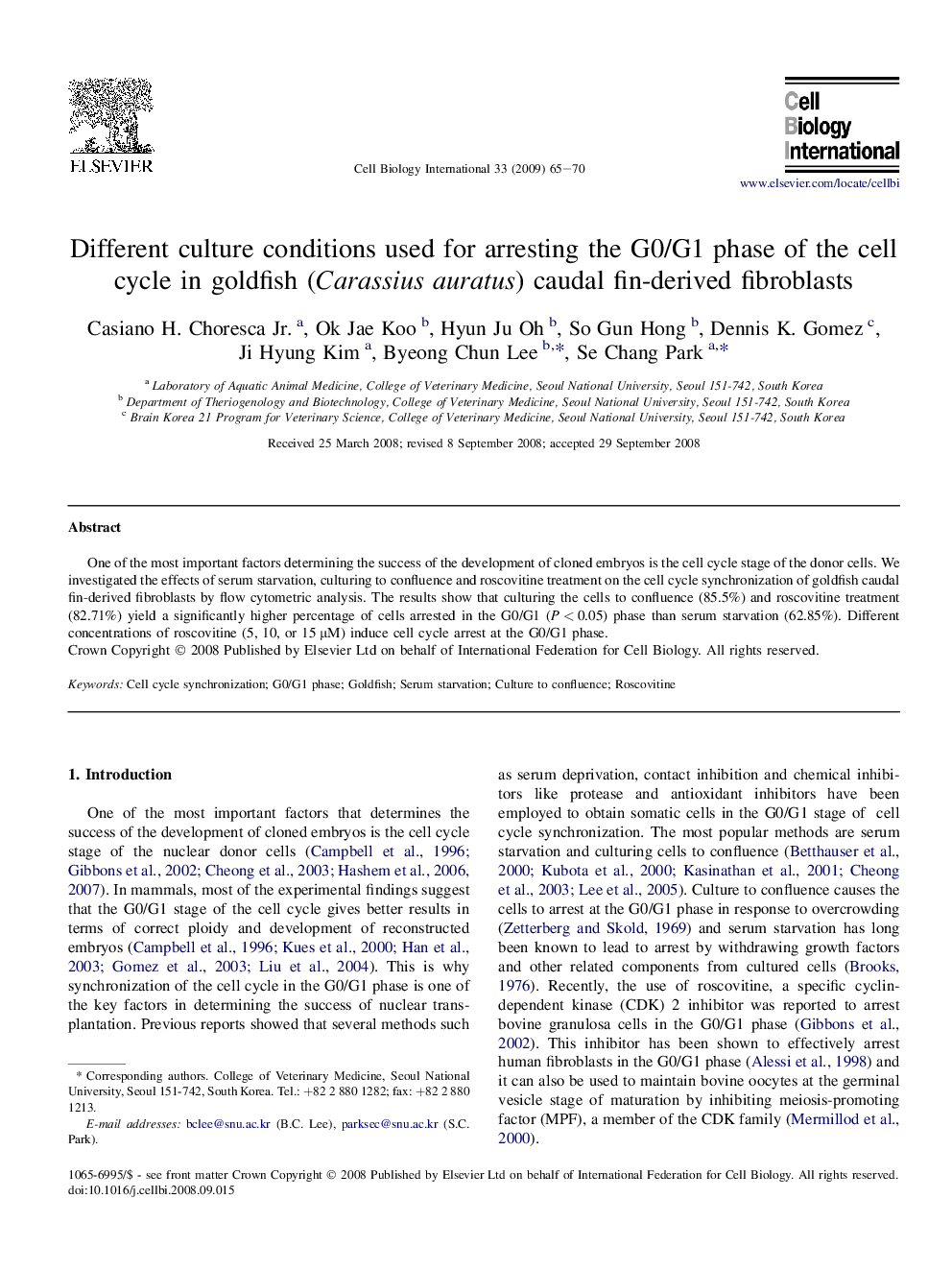 Different culture conditions used for arresting the G0/G1 phase of the cell cycle in goldfish (Carassius auratus) caudal fin-derived fibroblasts