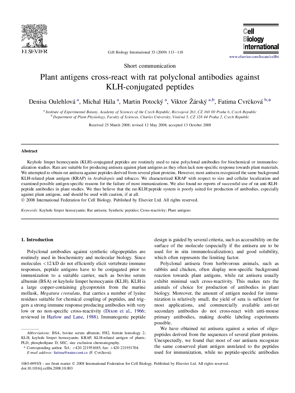 Plant antigens cross-react with rat polyclonal antibodies against KLH-conjugated peptides