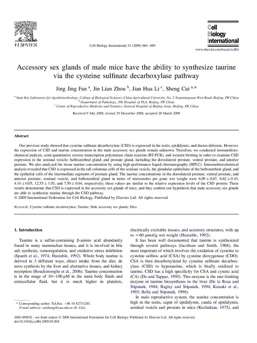 عکس صفحه اول مقاله: Accessory sex glands of male mice have the ability to synthesize taurinevia the cysteine sulfinate decarboxylase pathway Accessory sex glands of male mice have the ability to synthesize taurinevia the cysteine sulfinate decarboxylase pathway