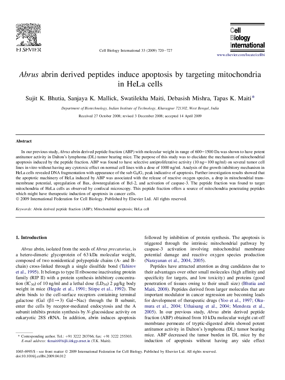 Abrus abrin derived peptides induce apoptosis by targeting mitochondria in HeLa cells