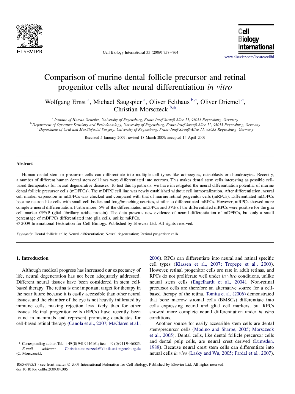 Comparison of murine dental follicle precursor and retinal progenitor cells after neural differentiation in vitro