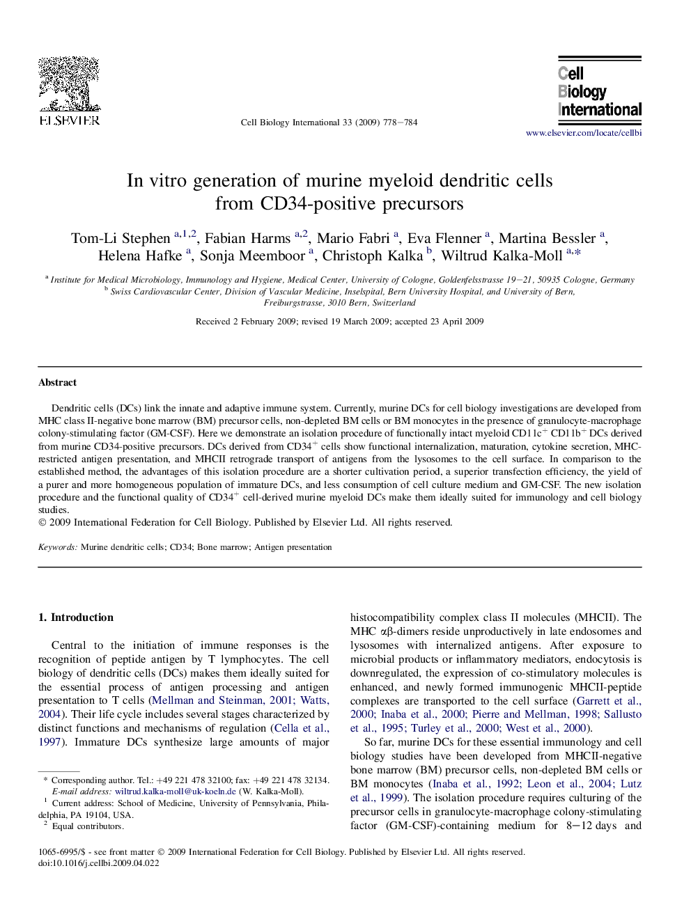 In vitro generation of murine myeloid dendritic cells from CD34-positive precursors