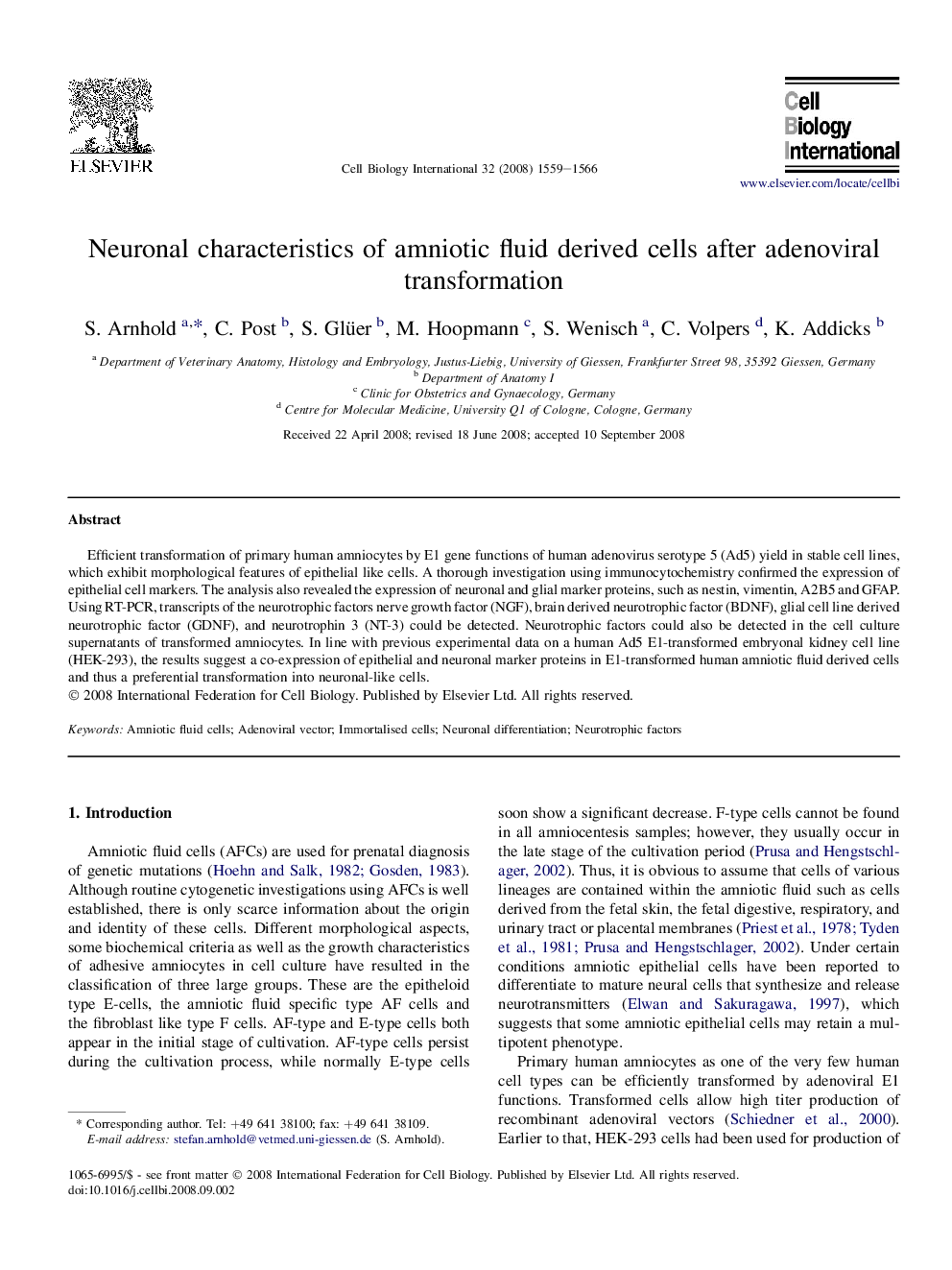 Neuronal characteristics of amniotic fluid derived cells after adenoviral transformation