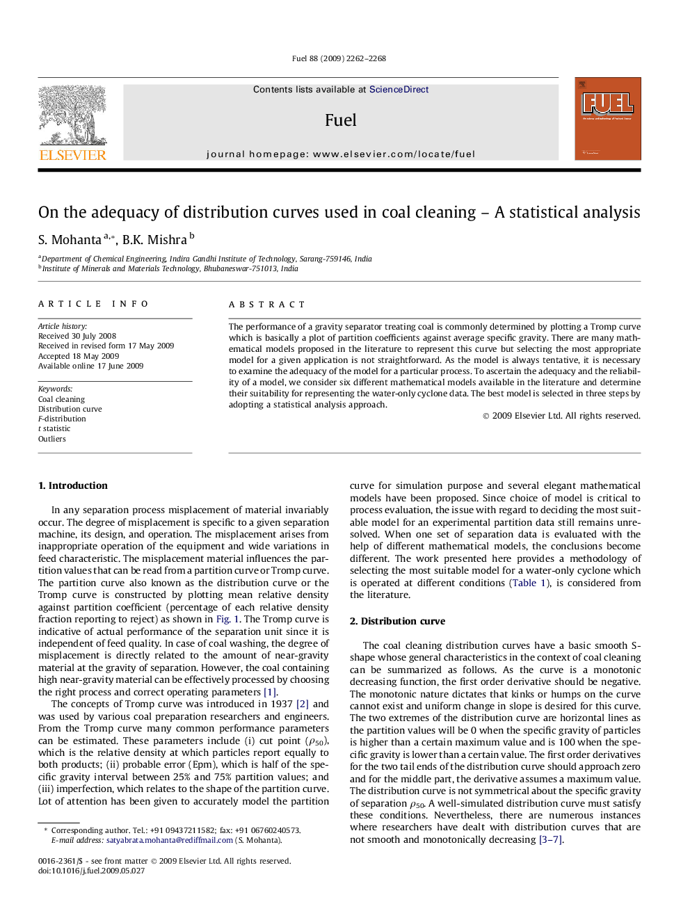 On the adequacy of distribution curves used in coal cleaning – A statistical analysis