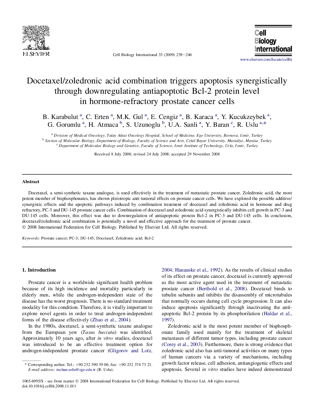 Docetaxel/zoledronic acid combination triggers apoptosis synergistically through downregulating antiapoptotic Bcl-2 protein level in hormone-refractory prostate cancer cells