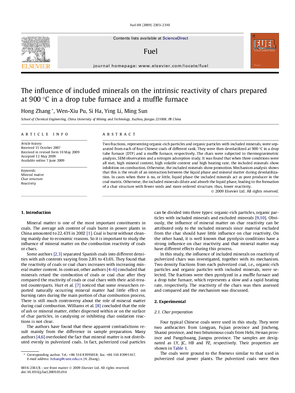 The influence of included minerals on the intrinsic reactivity of chars prepared at 900 °C in a drop tube furnace and a muffle furnace