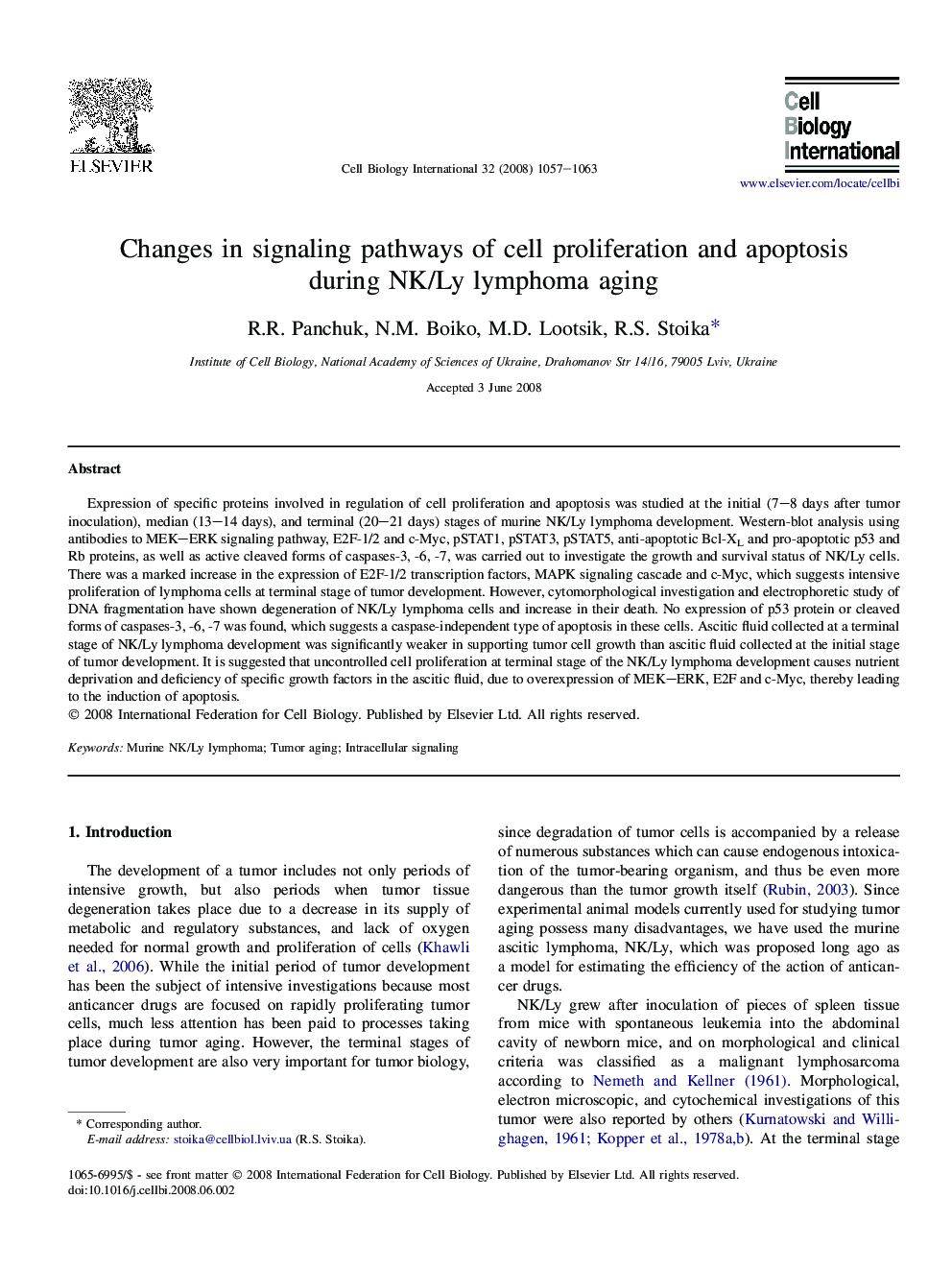 Changes in signaling pathways of cell proliferation and apoptosis during NK/Ly lymphoma aging