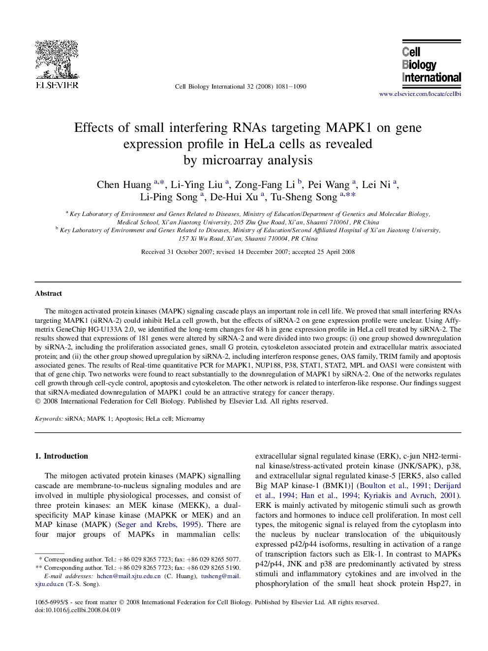 Effects of small interfering RNAs targeting MAPK1 on gene expression profile in HeLa cells as revealed by microarray analysis