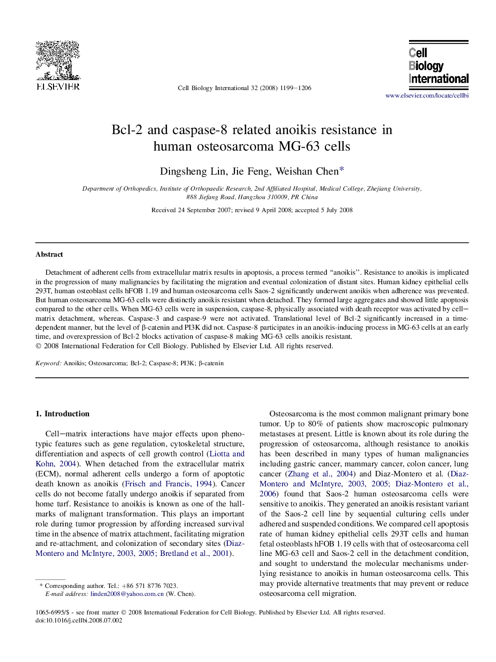 Bcl-2 and caspase-8 related anoikis resistance in human osteosarcoma MG-63 cells