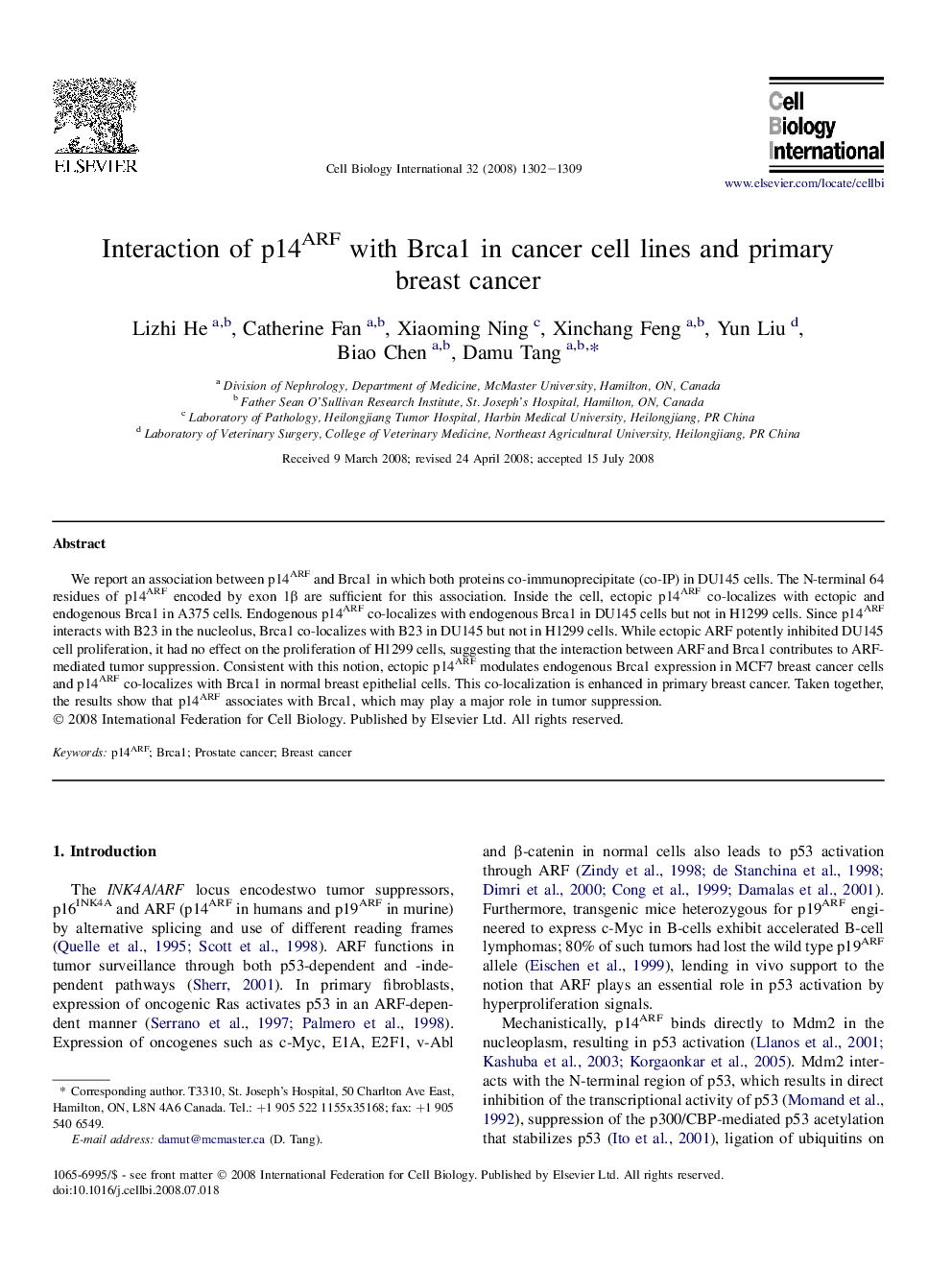 Interaction of p14ARF with Brca1 in cancer cell lines and primary breast cancer