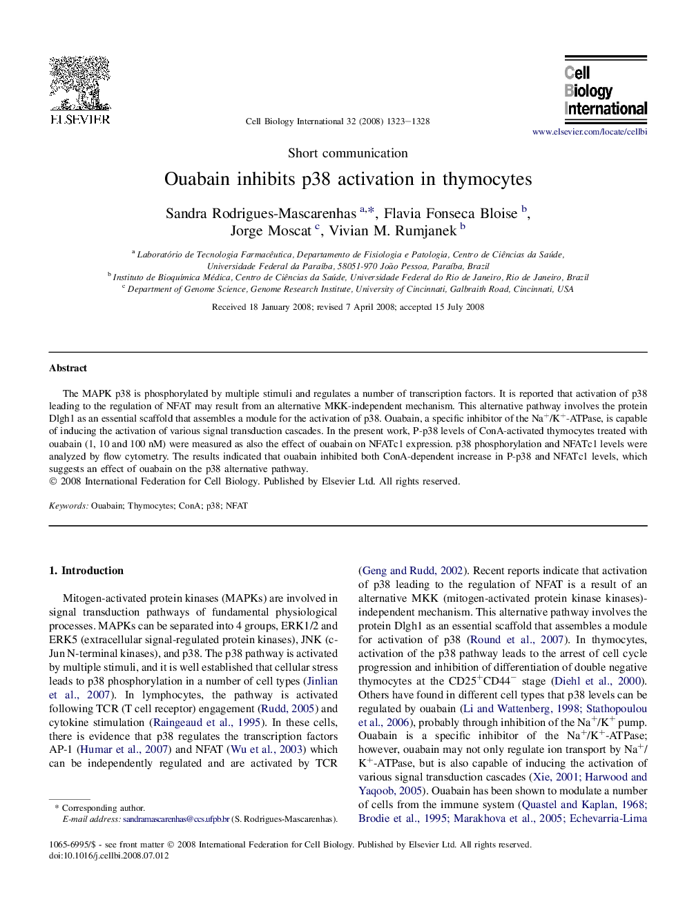 Ouabain inhibits p38 activation in thymocytes