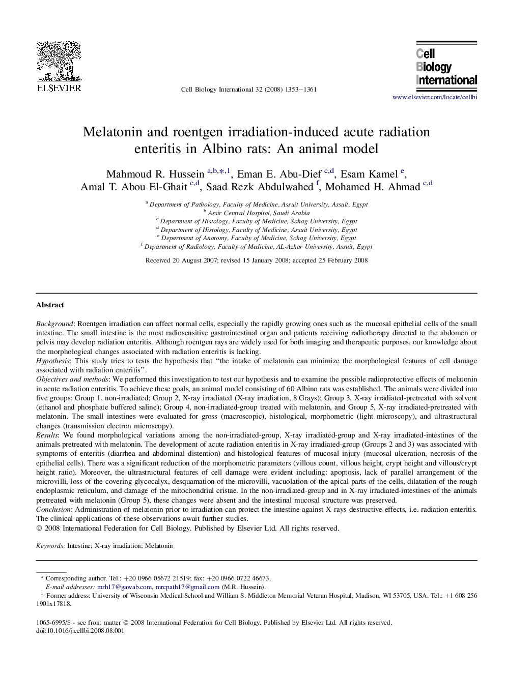 Melatonin and roentgen irradiation-induced acute radiation enteritis in Albino rats: An animal model