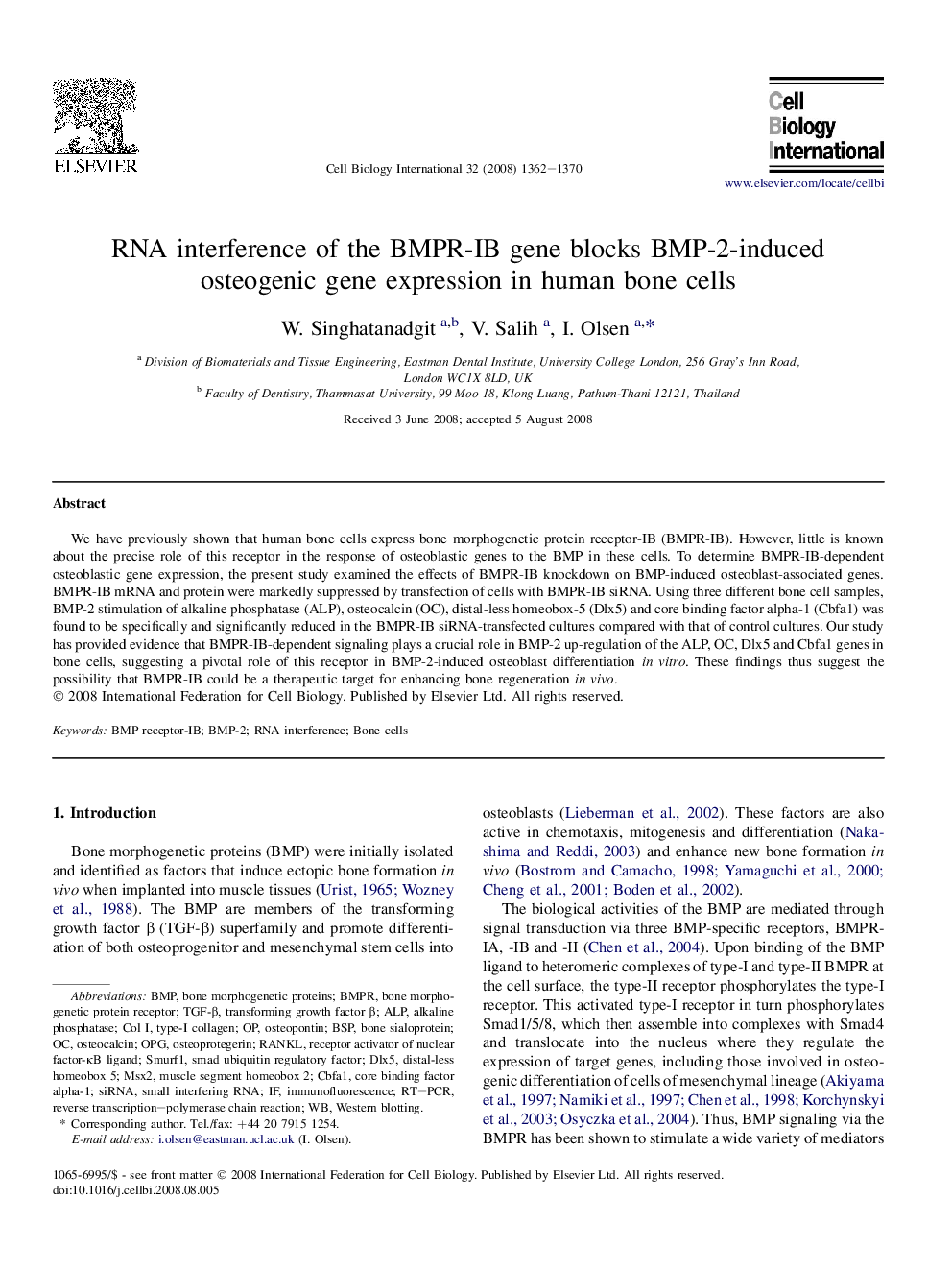 RNA interference of the BMPR-IB gene blocks BMP-2-induced osteogenic gene expression in human bone cells