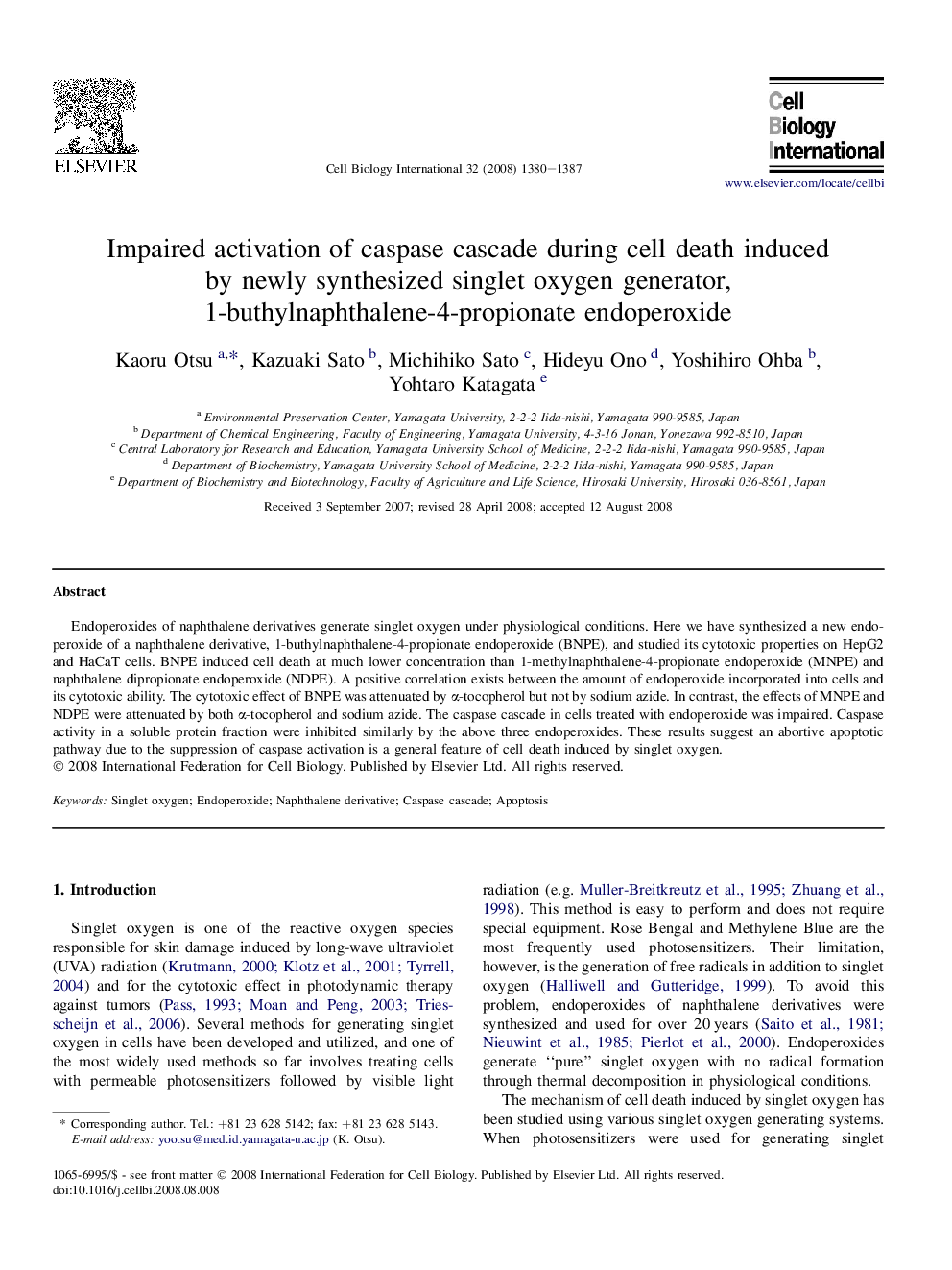 Impaired activation of caspase cascade during cell death induced by newly synthesized singlet oxygen generator, 1-buthylnaphthalene-4-propionate endoperoxide