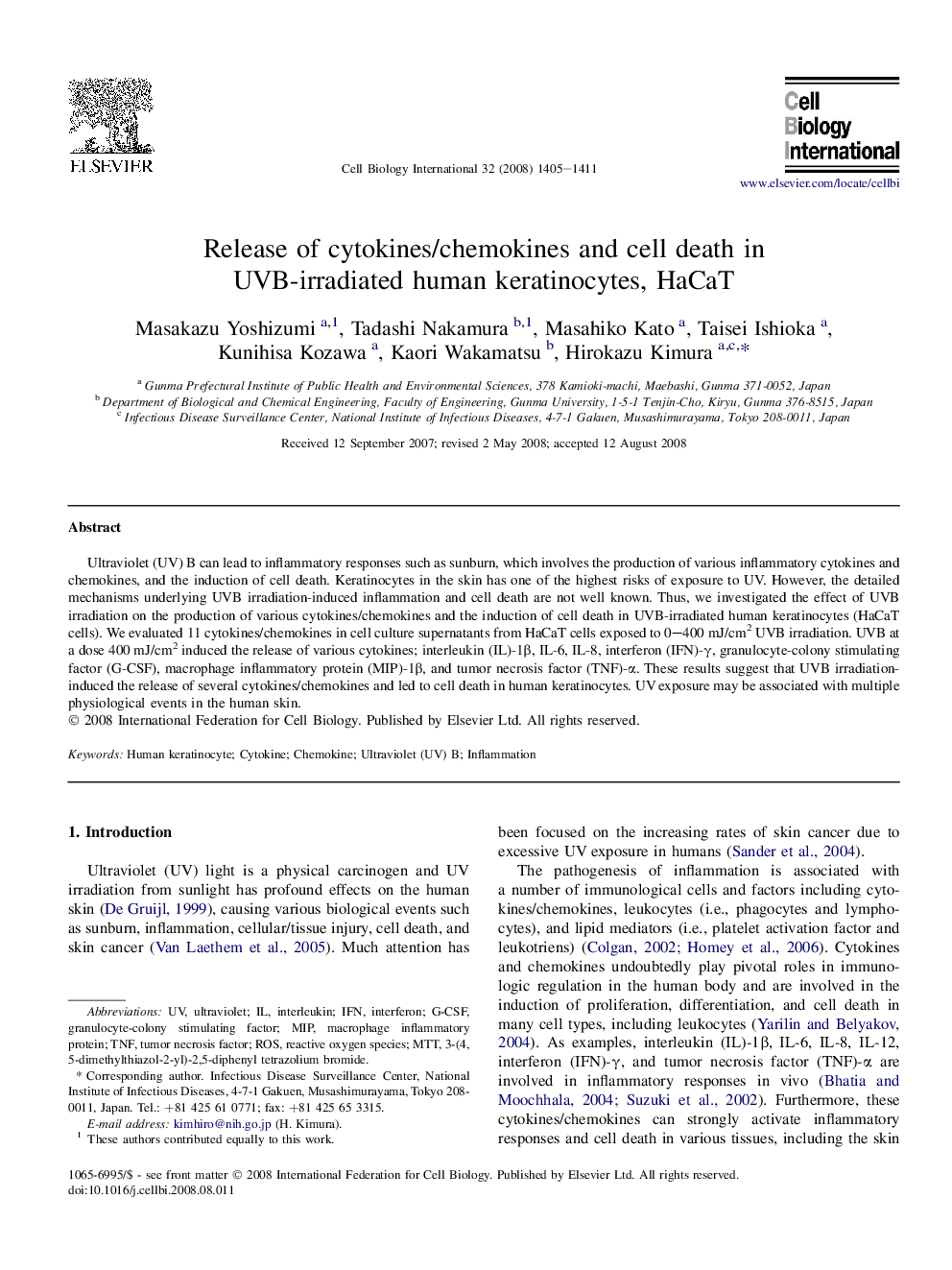 Release of cytokines/chemokines and cell death in UVB-irradiated human keratinocytes, HaCaT