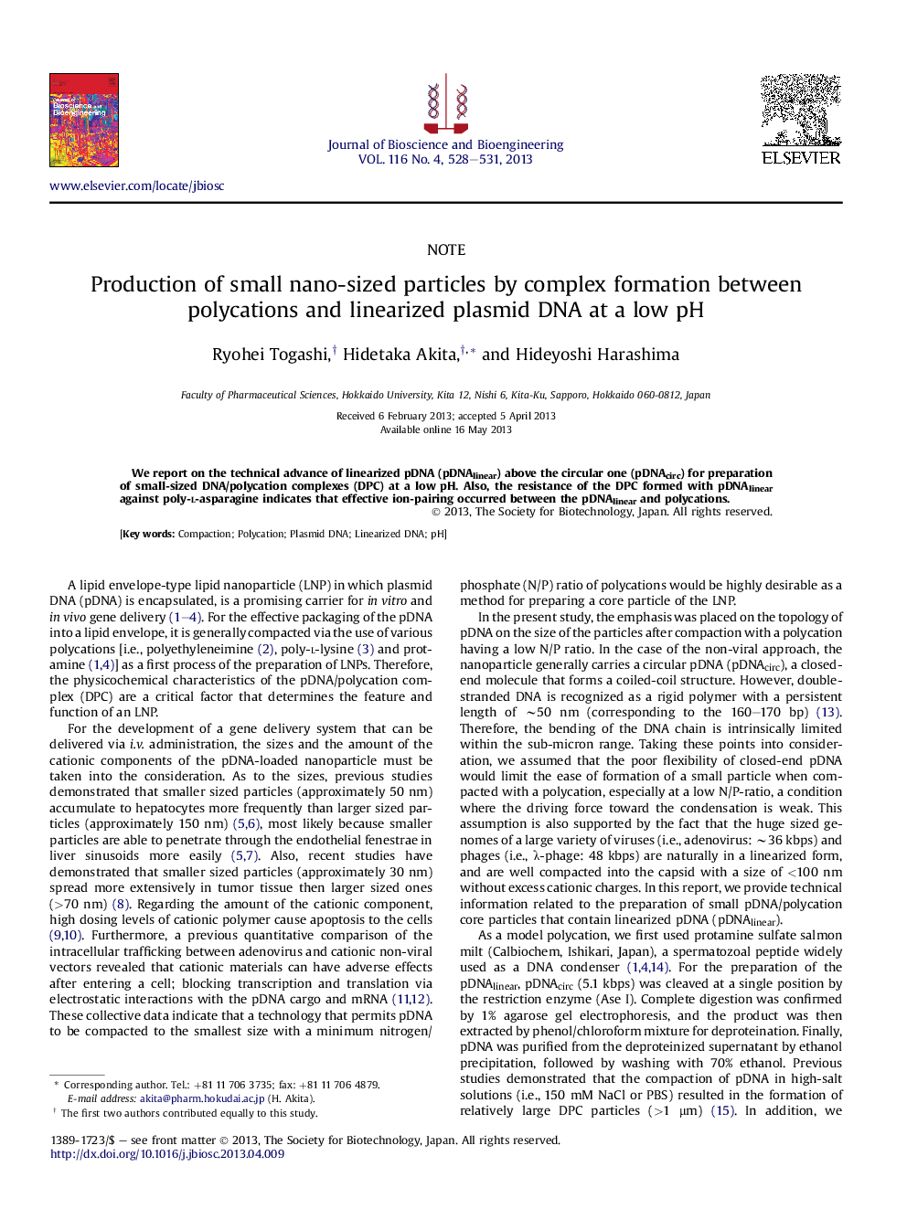 Production of small nano-sized particles by complex formation between polycations and linearized plasmid DNA at a low pH