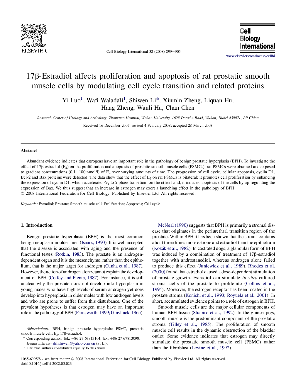 عکس صفحه اول مقاله: 17β-Estradiol affects proliferation and apoptosis of rat prostatic smooth muscle cells by modulating cell cycle transition and related proteins 17β-Estradiol affects proliferation and apoptosis of rat prostatic smooth muscle cells by modulating cell cycle transition and related proteins